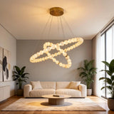 Spanish Alabaster Chandelier View 2 | Natural Spanish Alabaster Double Orb Interweaving Chandelier | Wabi Sabi Lighting | JINSHE | JINSHE