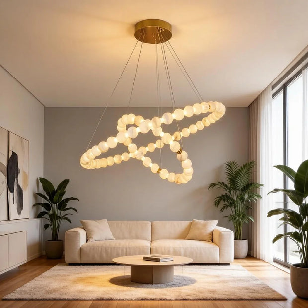 Natural Spanish Alabaster Double Orb Interweaving Chandelier | Wabi Sabi Lighting | JINSHE