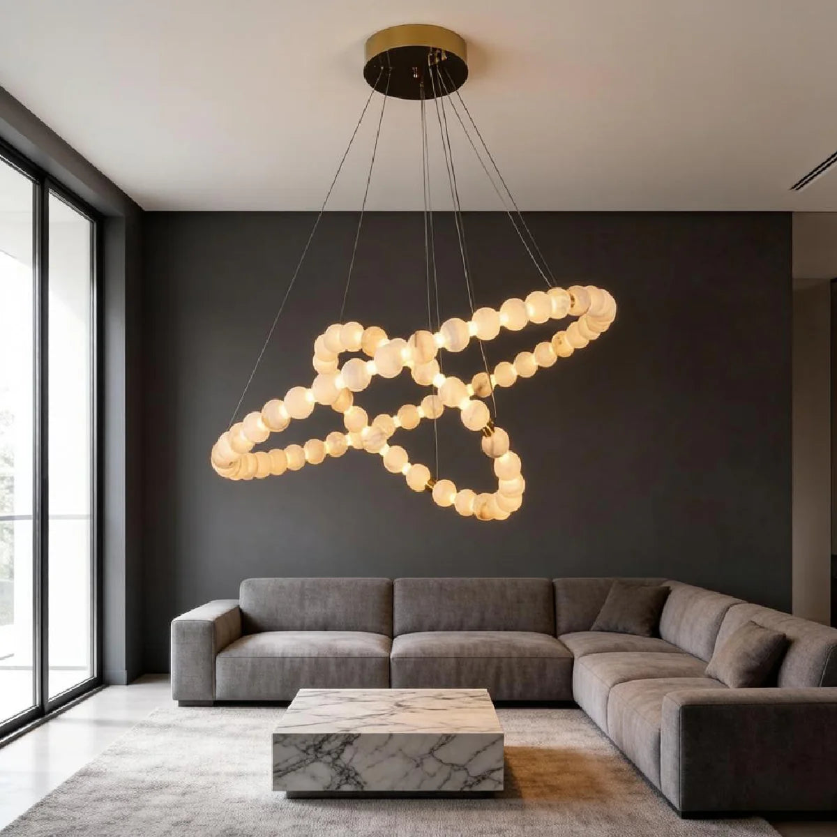 Spanish Alabaster Chandelier View 3 | Natural Spanish Alabaster Double Orb Interweaving Chandelier | Wabi Sabi Lighting | JINSHE | JINSHE