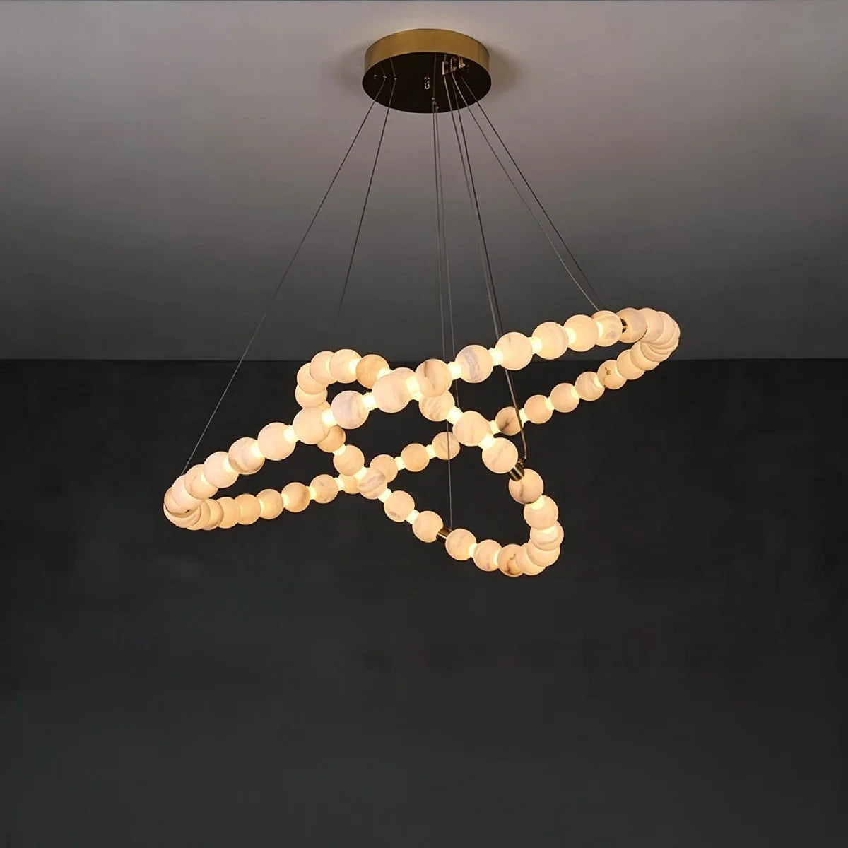 Spanish Alabaster Chandelier View 6 | Natural Spanish Alabaster Double Orb Interweaving Chandelier | Wabi Sabi Lighting | JINSHE | JINSHE