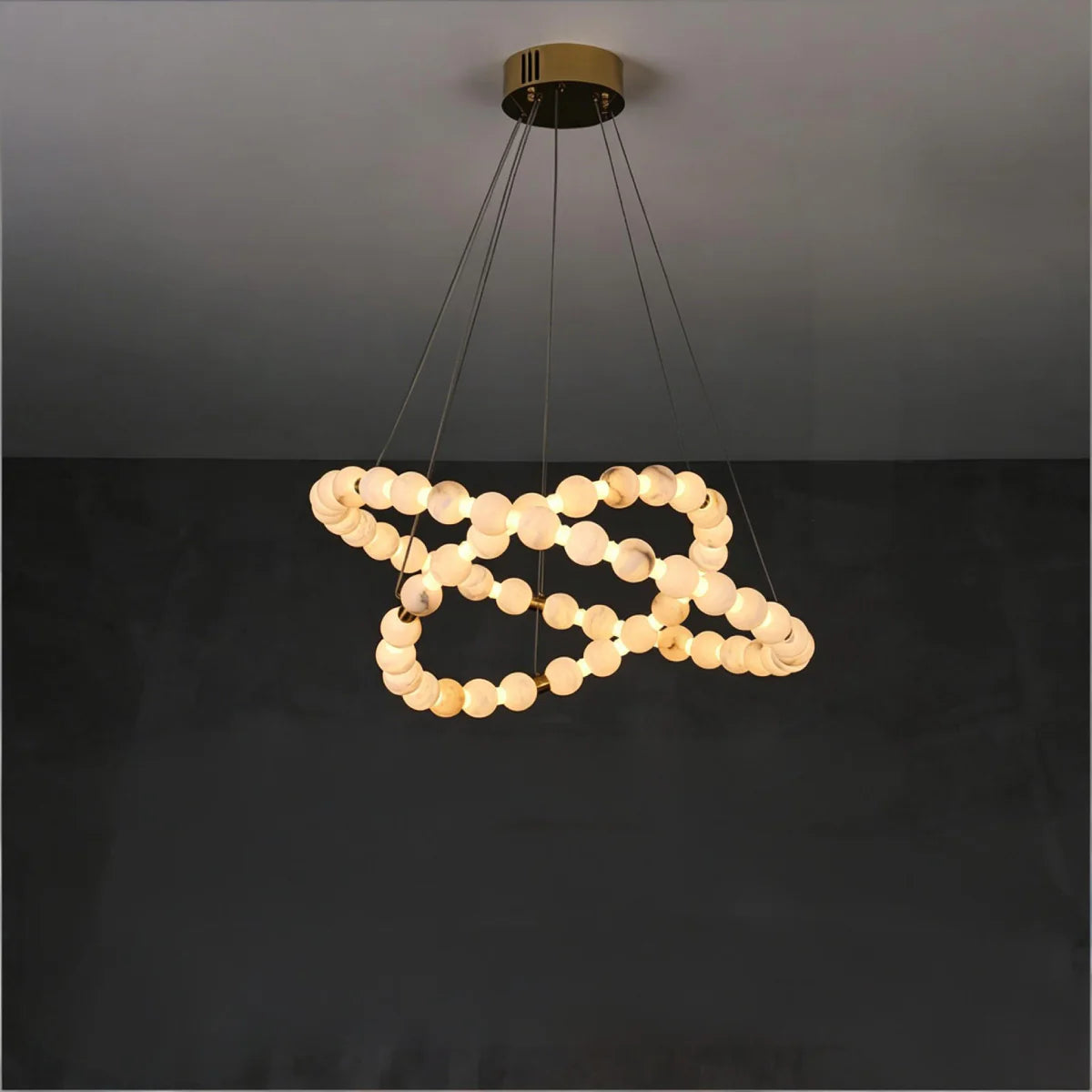 Spanish Alabaster Chandelier View 7 | Natural Spanish Alabaster Double Orb Interweaving Chandelier | Wabi Sabi Lighting | JINSHE | JINSHE