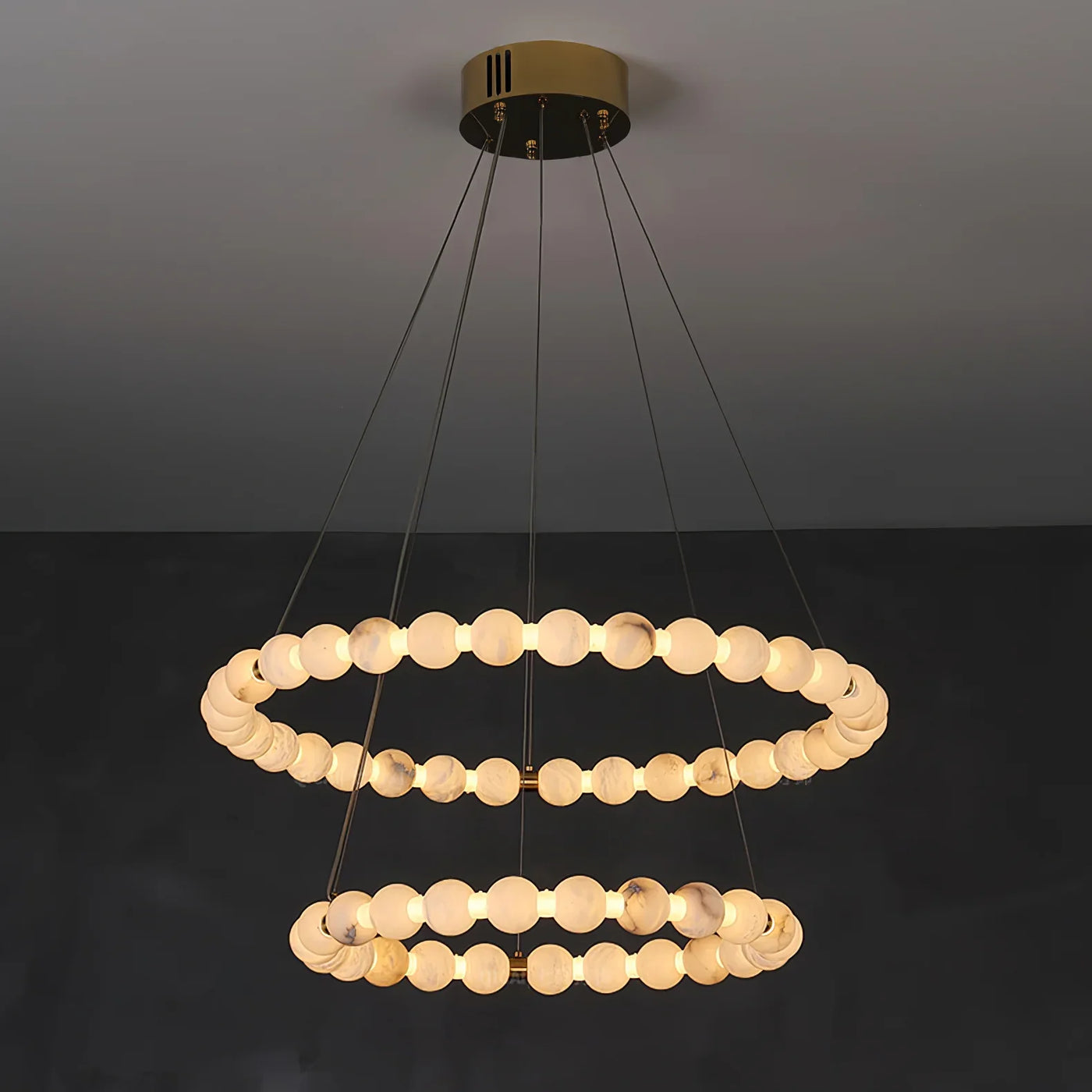 Spanish Alabaster Chandelier View 10 | Natural Spanish Alabaster Double Orb Ring Chandelier | Wabi Sabi Lighting | JINSHE | JINSHE