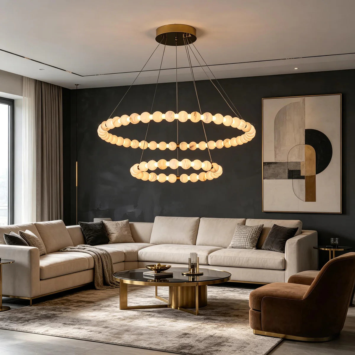 Spanish Alabaster Chandelier View 2 | Natural Spanish Alabaster Double Orb Ring Chandelier | Wabi Sabi Lighting | JINSHE | JINSHE
