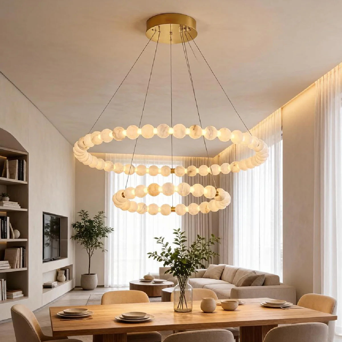 Spanish Alabaster Chandelier View 4 | Natural Spanish Alabaster Double Orb Ring Chandelier | Wabi Sabi Lighting | JINSHE | JINSHE