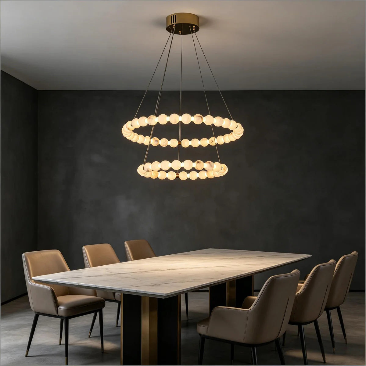 Spanish Alabaster Chandelier View 5 | Natural Spanish Alabaster Double Orb Ring Chandelier | Wabi Sabi Lighting | JINSHE | JINSHE