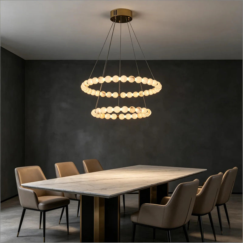 Spanish Alabaster Chandelier View 5 | Natural Spanish Alabaster Double Orb Ring Chandelier | Wabi Sabi Lighting | JINSHE | JINSHE