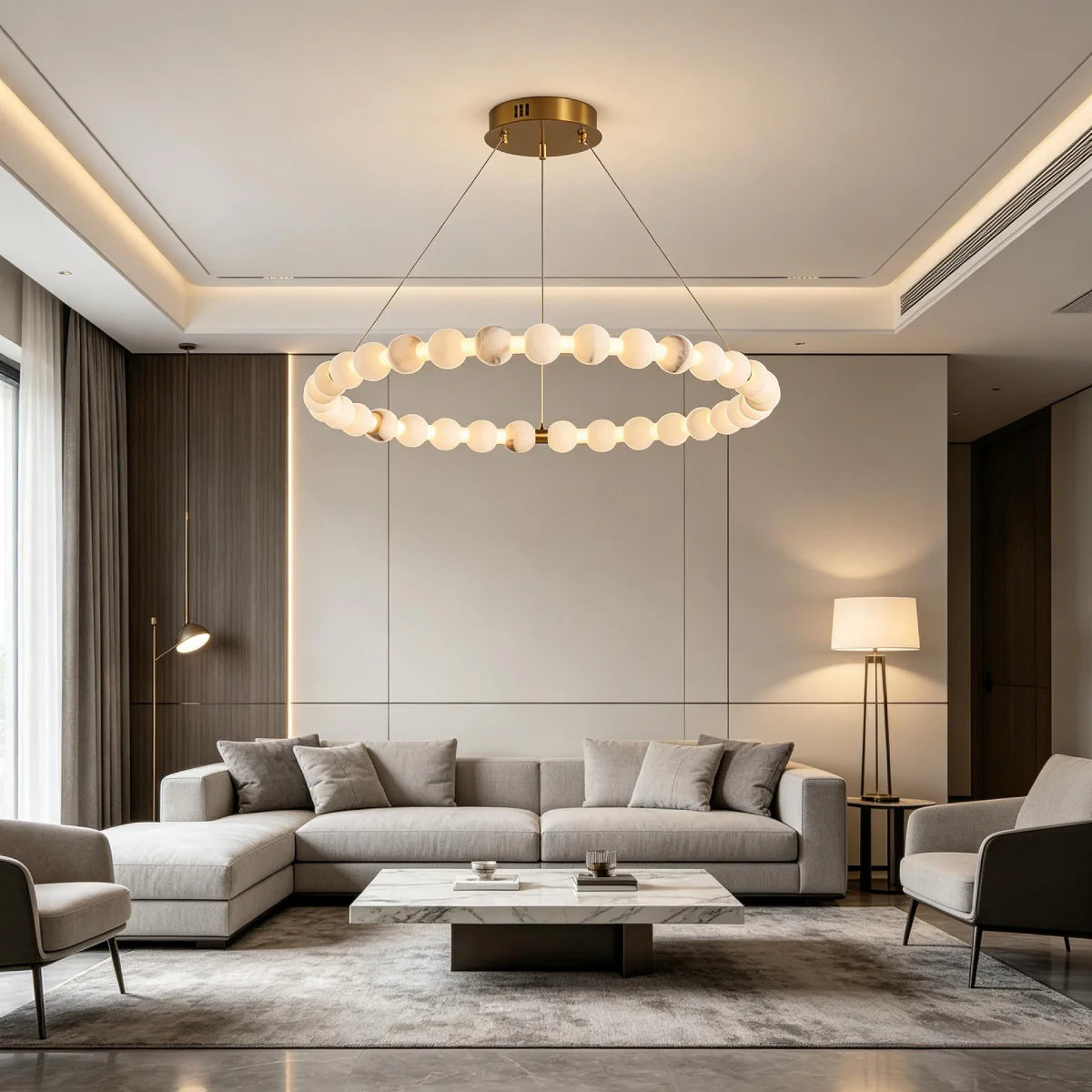 JINSHE Natural Spanish alabaster ball ring chandelier | Light luxury style Chandelier - detail view