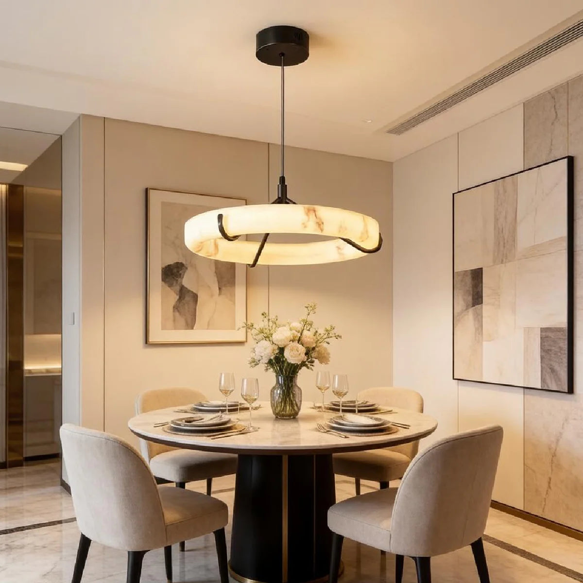 Spanish Alabaster Pendant Light View 8 | Natural Spanish Alabaster Ring Pendant Light | Wabi Sabi Lighting | JINSHE | JINSHE