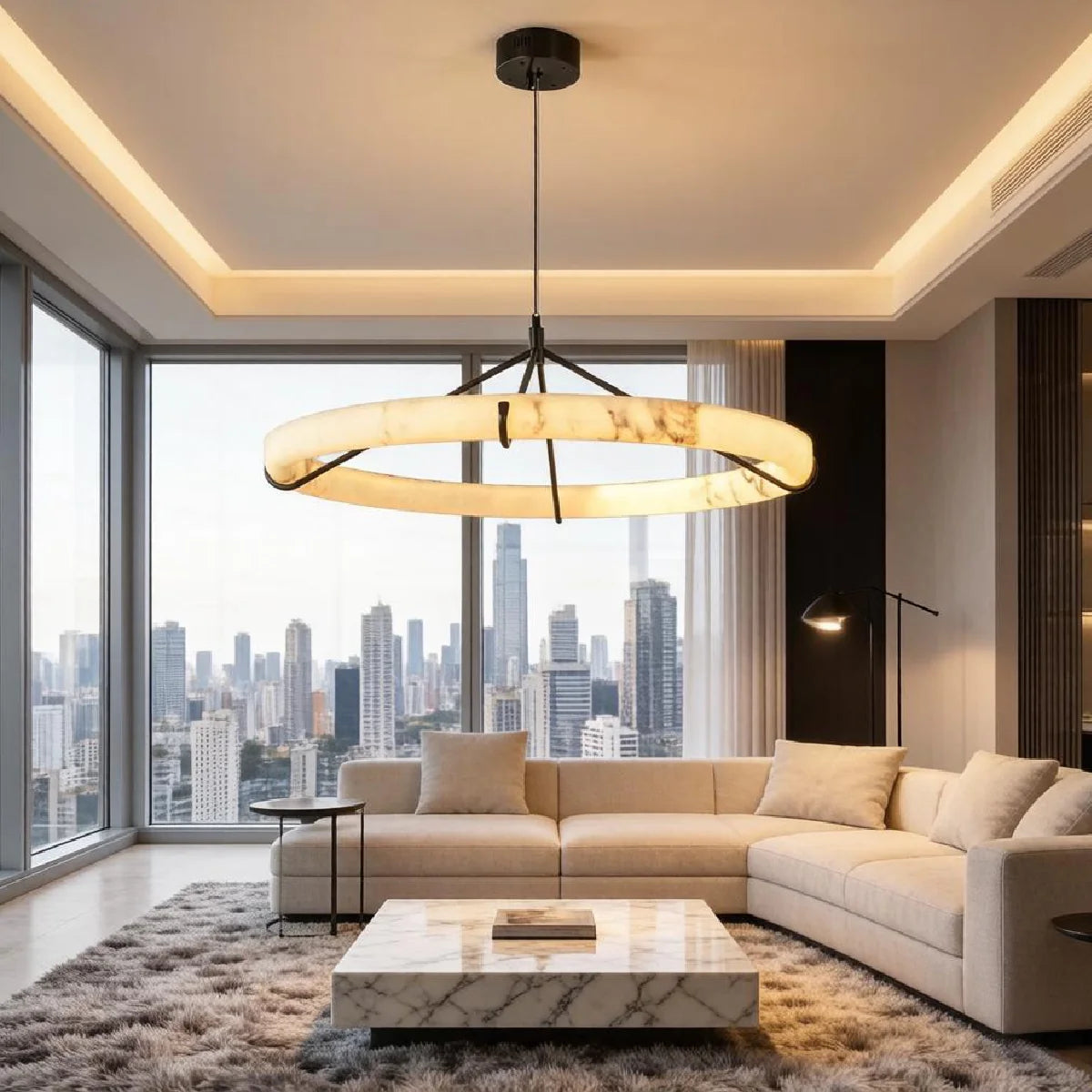 Spanish Alabaster Pendant Light View 3 | Natural Spanish Alabaster Ring Pendant Light | Wabi Sabi Lighting | JINSHE | JINSHE