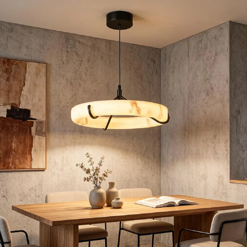 Spanish Alabaster Pendant Light View 6 | Natural Spanish Alabaster Ring Pendant Light | Wabi Sabi Lighting | JINSHE | JINSHE