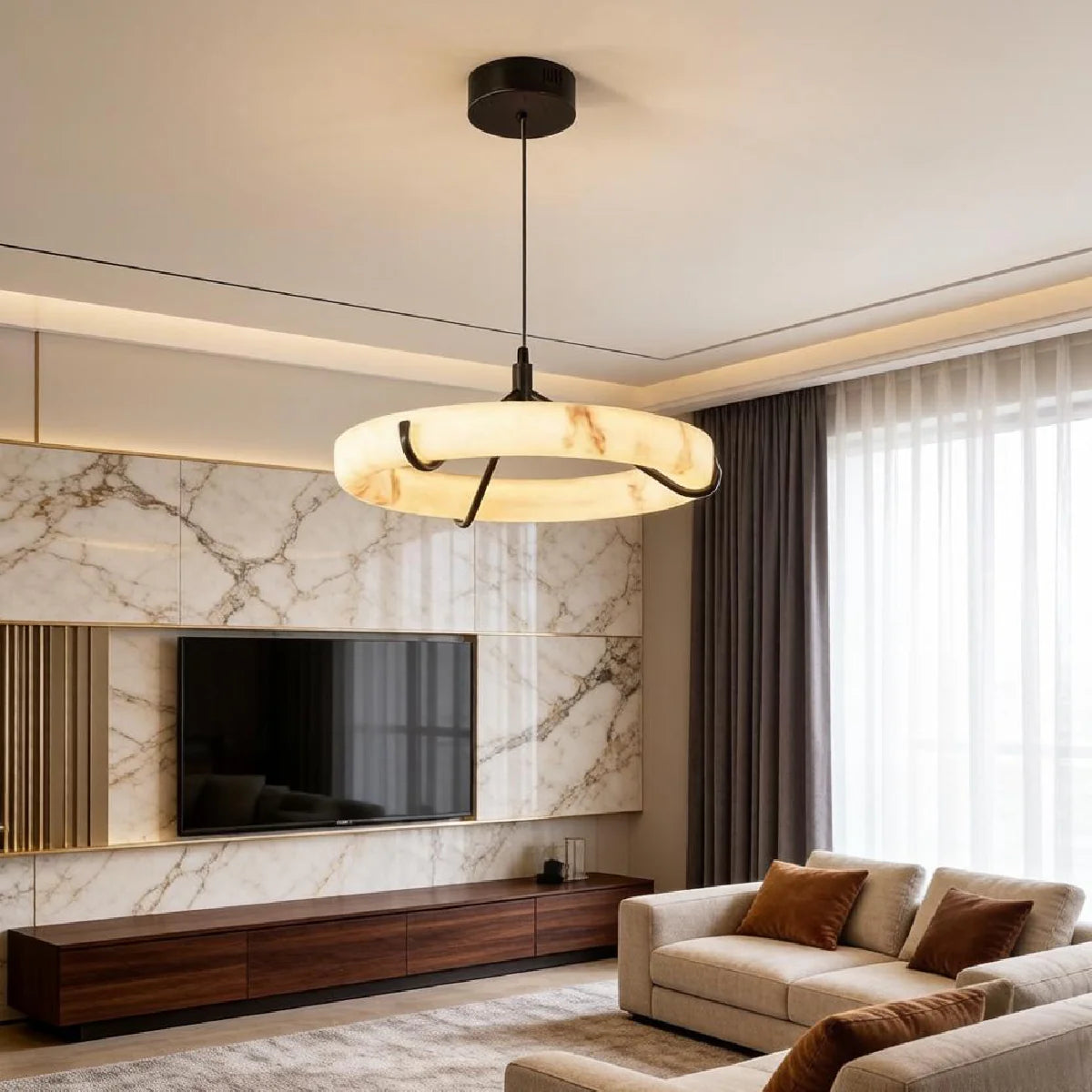 Spanish Alabaster Pendant Light View 7 | Natural Spanish Alabaster Ring Pendant Light | Wabi Sabi Lighting | JINSHE | JINSHE