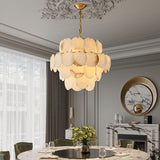 Shell Carved Alabaster Chandelier installed in residential dining space