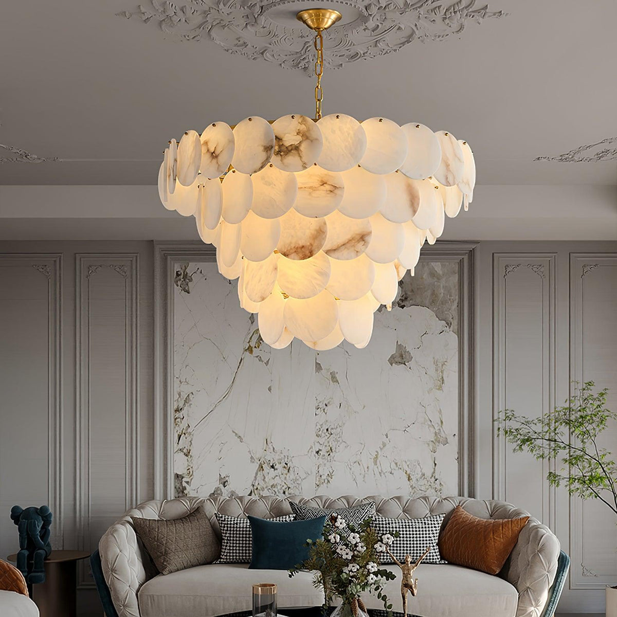 Shell Carved Alabaster Chandelier warm illuminated room view