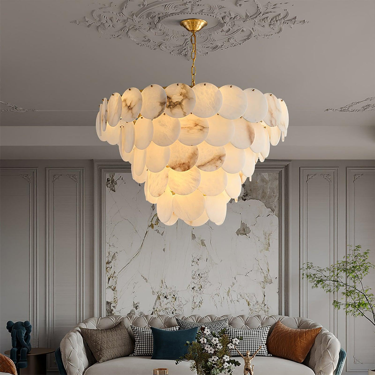 Shell Carved Alabaster Chandelier – side angled contour profile