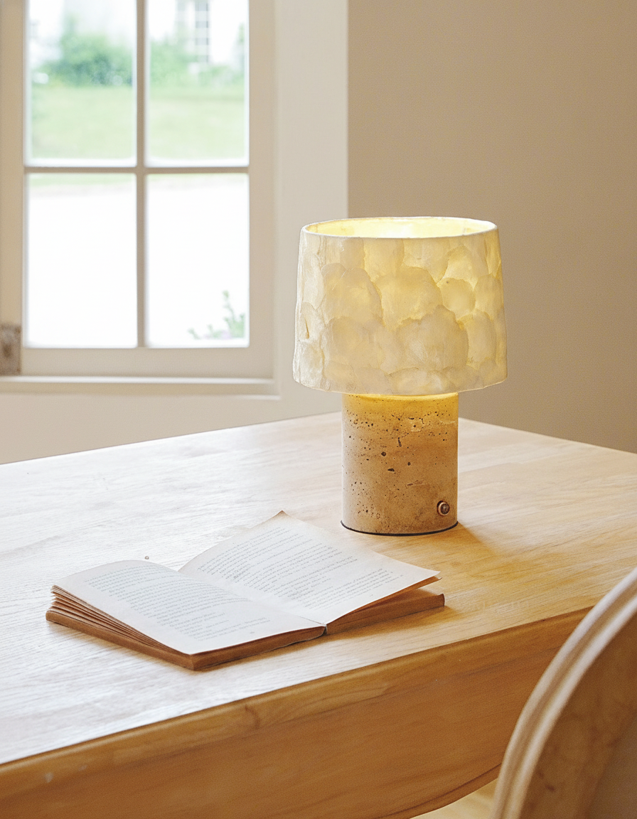 Alabera Curated Yellow Travertine Table Lamp – macro detail view