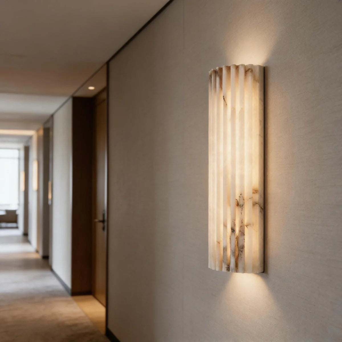 Spanish Alabaster Wall Lamp View 2 | Natural Spanish Alabaster Alvia Ribbed Wall Lamp | Wabi Sabi Lighting | JINSHE | JINSHE