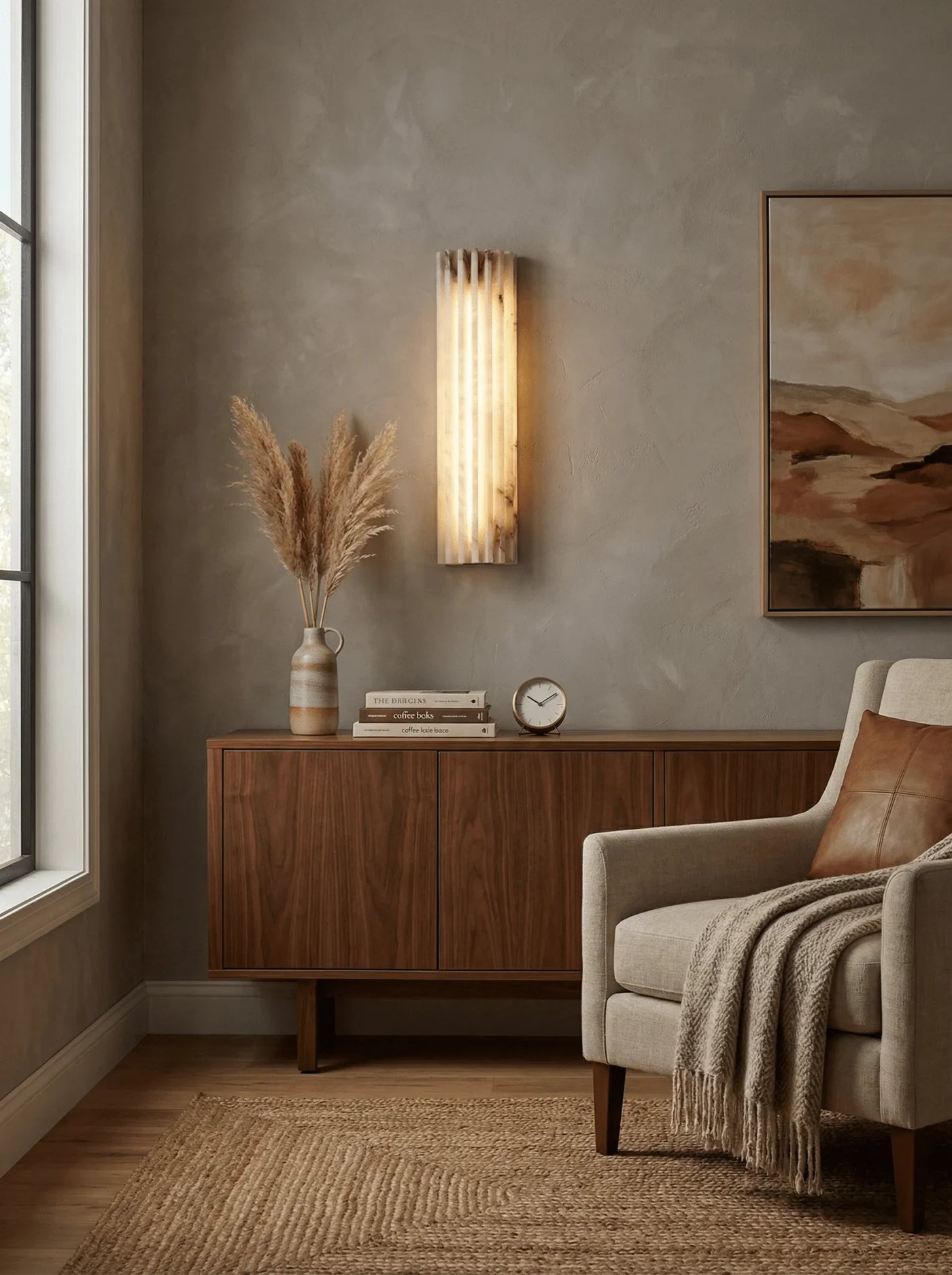 Spanish Alabaster Wall Lamp View 3 | Natural Spanish Alabaster Alvia Ribbed Wall Lamp | Wabi Sabi Lighting | JINSHE | JINSHE