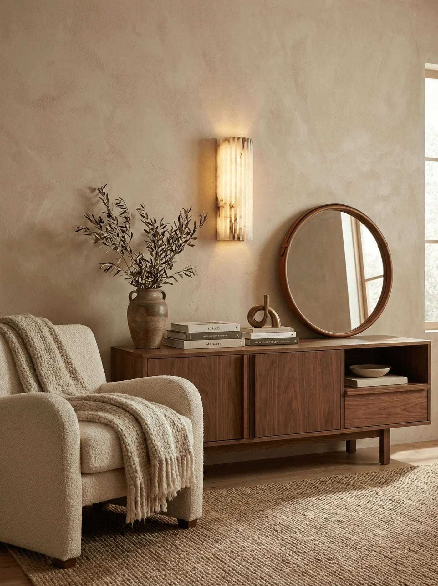 Spanish Alabaster Wall Lamp View 5 | Natural Spanish Alabaster Alvia Ribbed Wall Lamp | Wabi Sabi Lighting | JINSHE | JINSHE