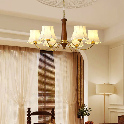Alyssa Fabric Curated Iron & Glass Chandelier installed in residential dining space