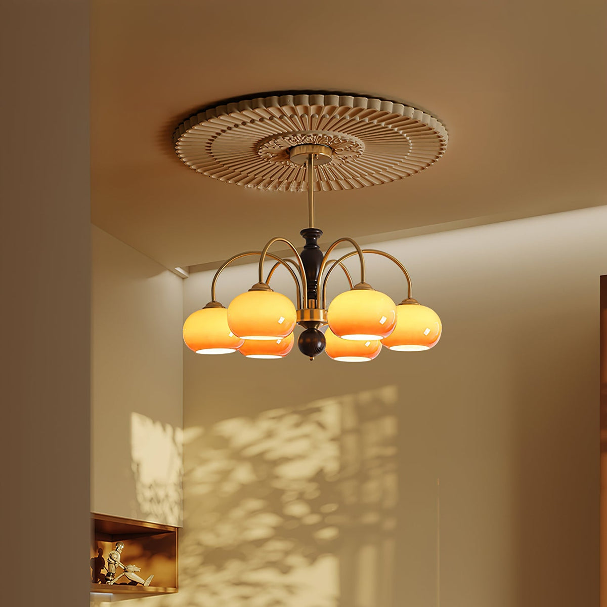 Petala Amber Art Glass Chandelier – illuminated warm ambiance setting