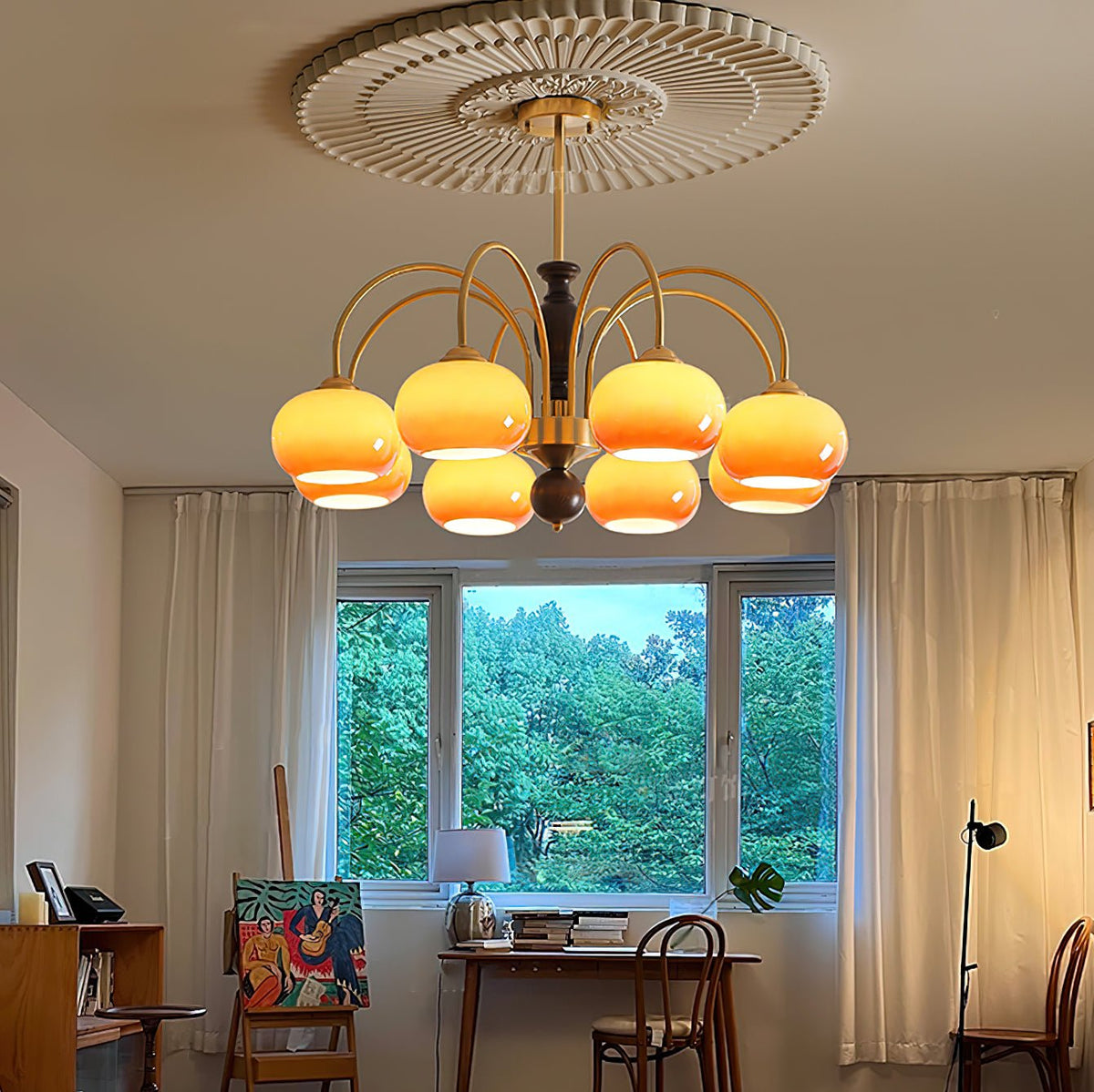 Petala Amber Art Glass Chandelier installed in residential dining space