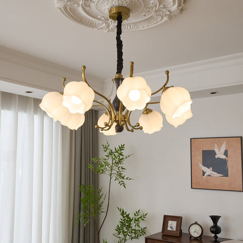 Antonia Curated Mouth-Blown Frosted Glass Chande installed in residential dining space