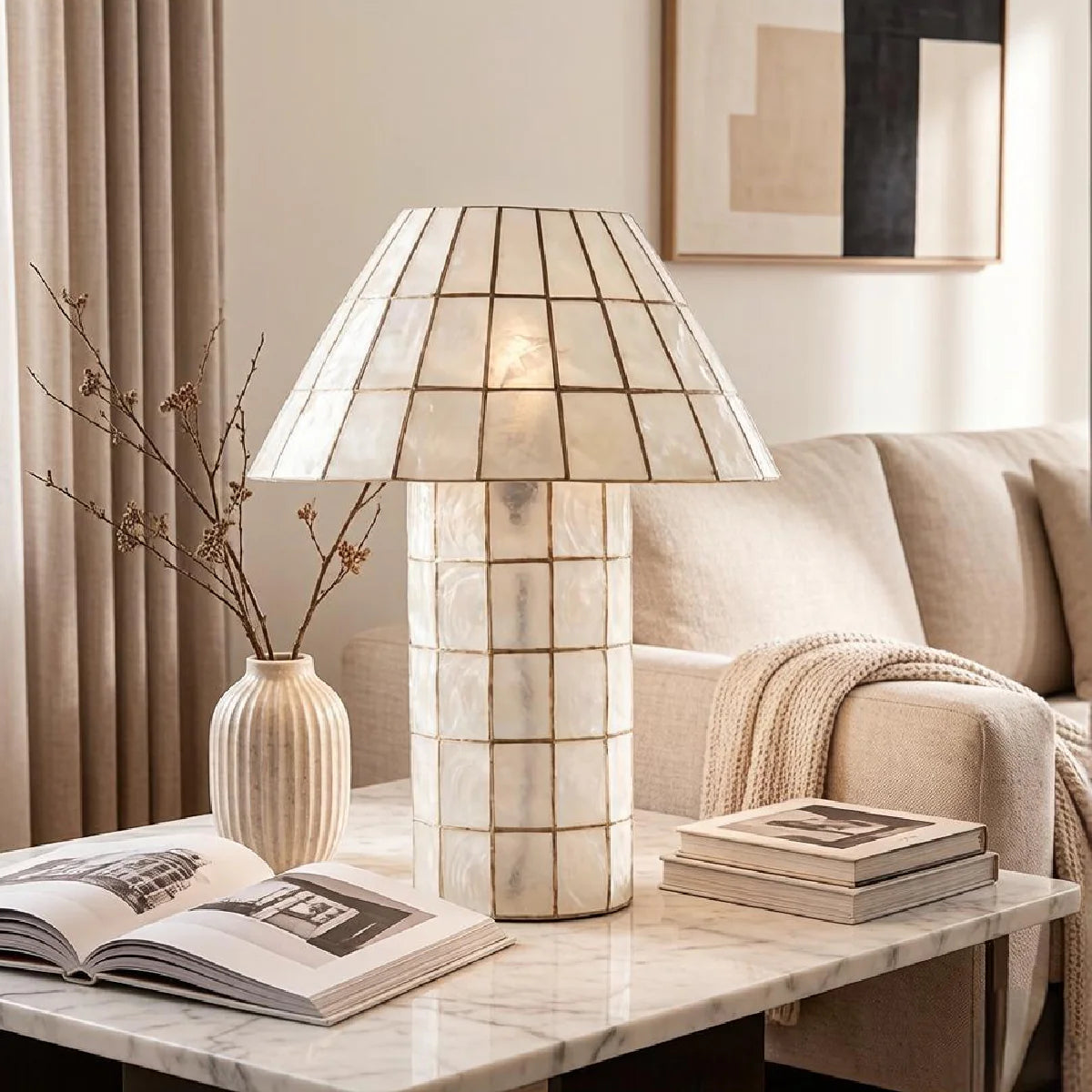 Natural Shell / Capiz Table Lamp View 2 | Aornelia Handcrafted Natural Shell Table Lamp | Nordic Luxury Coastal Light | JINSHE | JINSHE