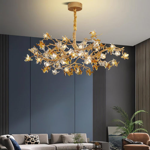 Aosta Brass Branch Curated Mouth-Blown Frosted G installed in residential dining space