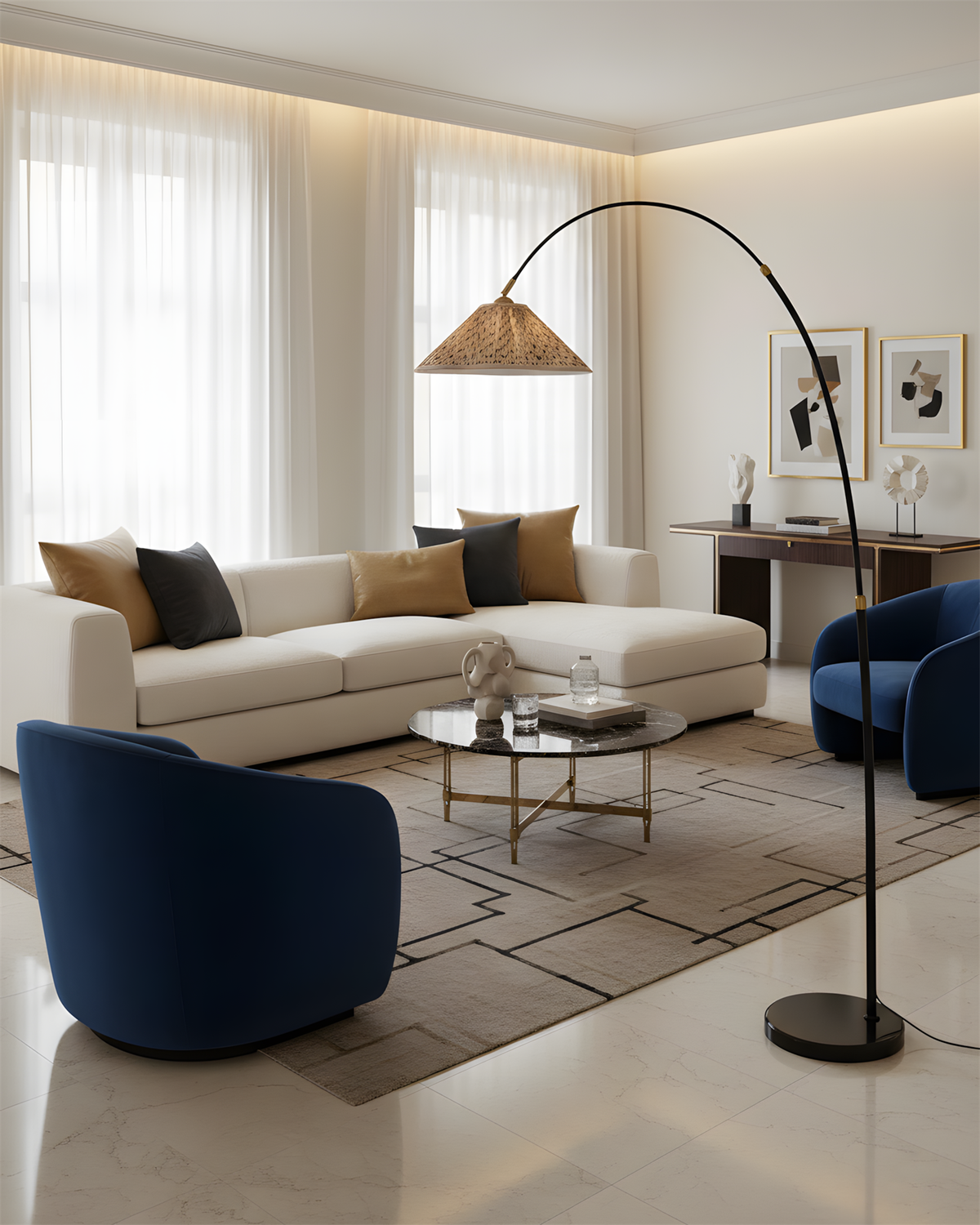 Arcadia Minimalist Curved Floor Lamp installed in residential dining space