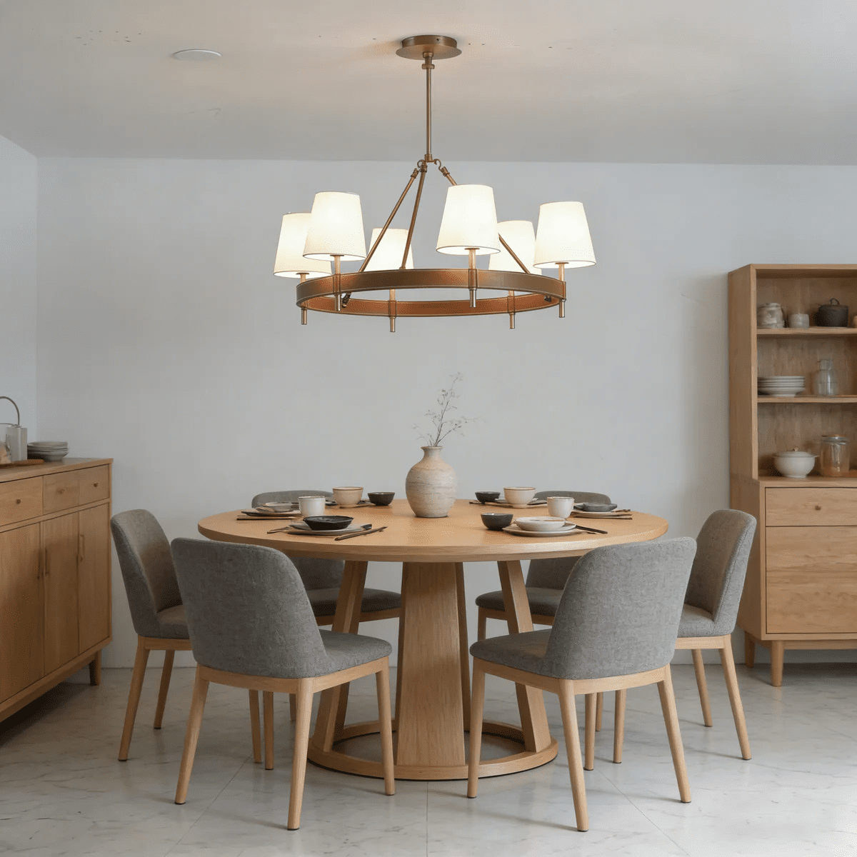 Arianna Leather Curated Solid Brass Chandelier installed in residential dining space