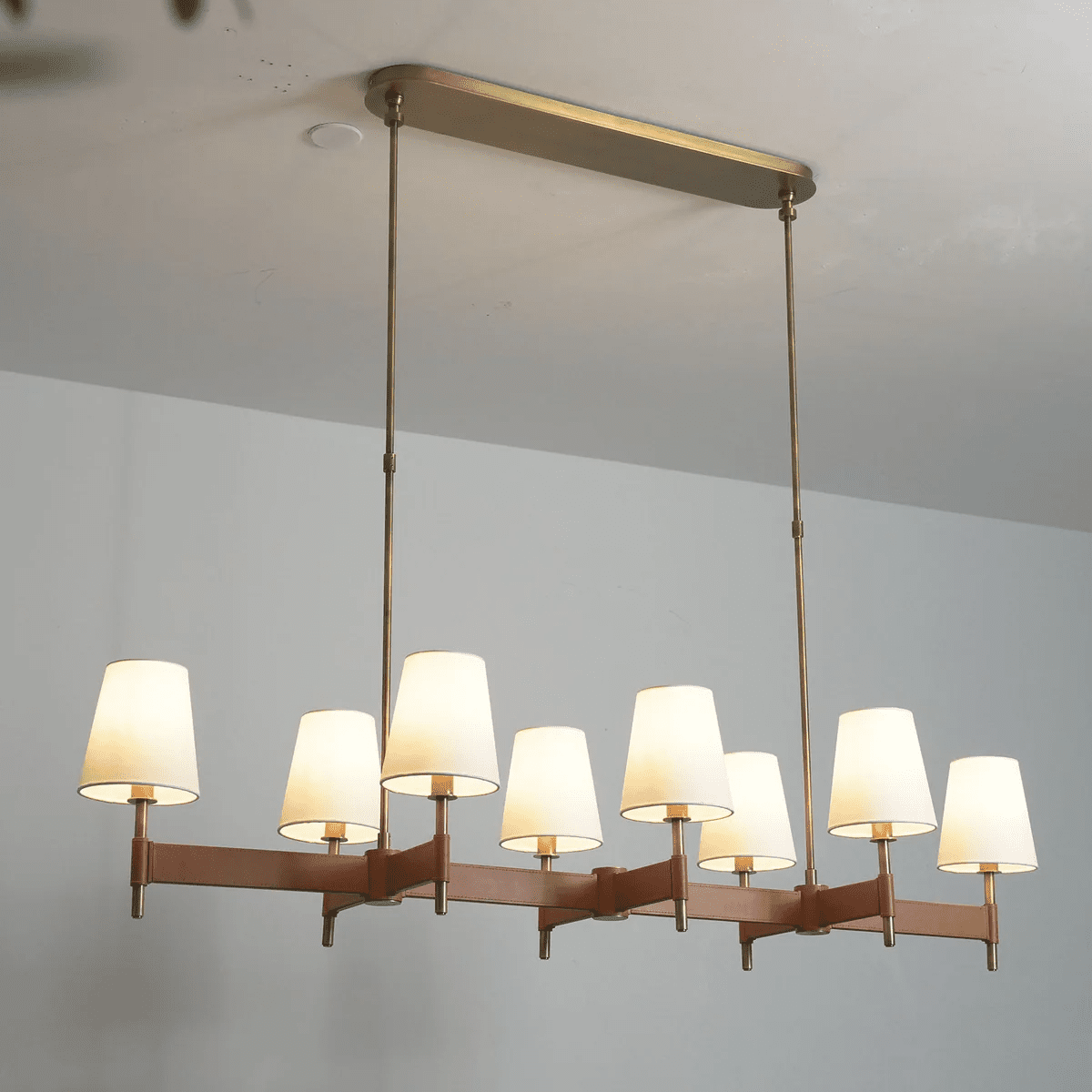 Arianna Leather Curated Solid Brass Chandelier – Long version 8 heads ∅ 62 x H 12.6 finish configuration
