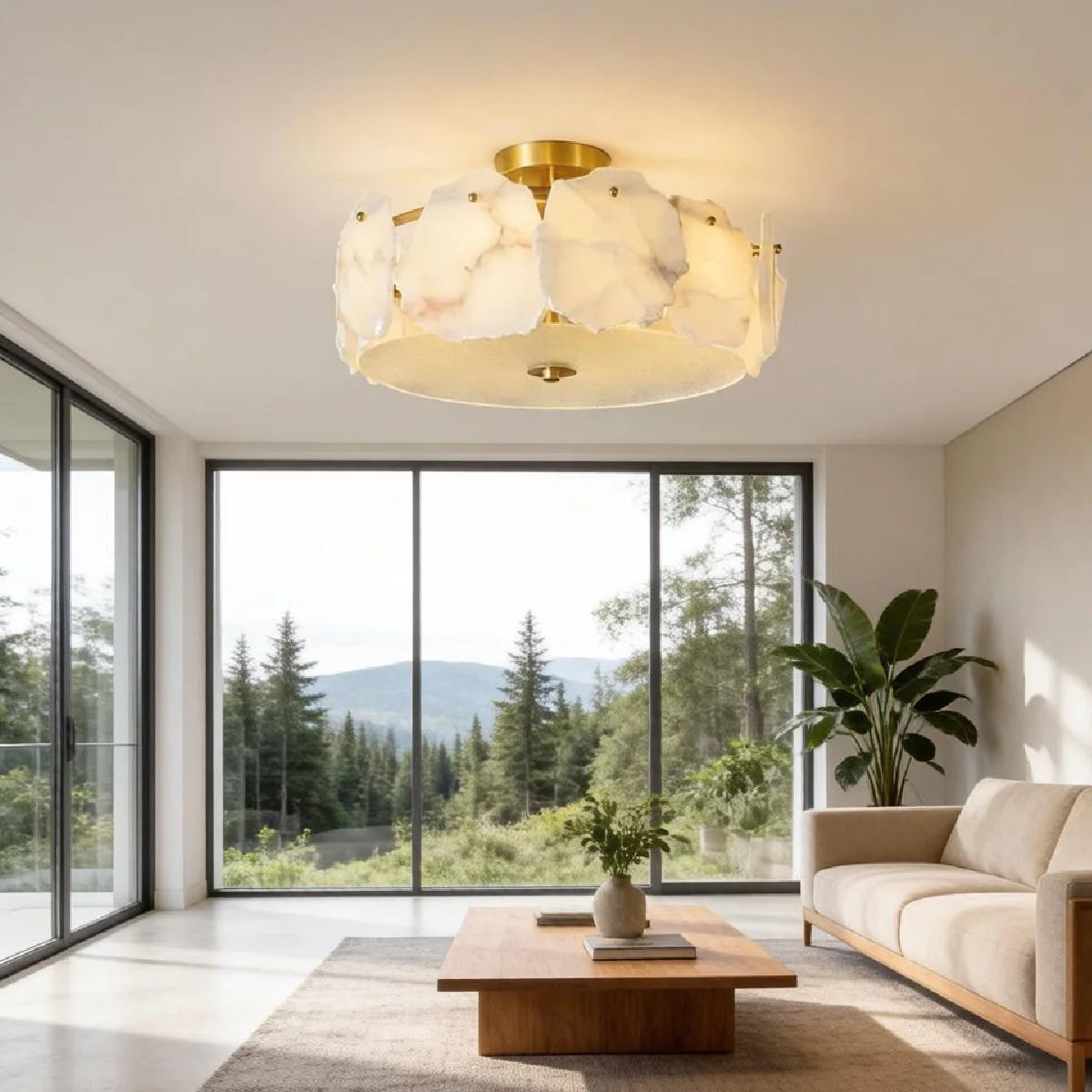Brass Ceiling Light View 5 | Marble & Brass Drum Ceiling Light | Natural Stone Semi-Flush Mount | Eye-Comfort | JINSHE | JINSHE