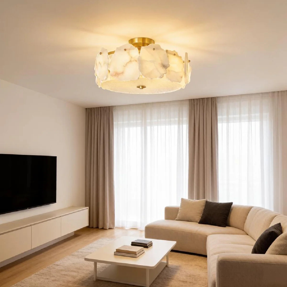 Brass Ceiling Light View 6 | Marble & Brass Drum Ceiling Light | Natural Stone Semi-Flush Mount | Eye-Comfort | JINSHE | JINSHE
