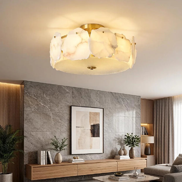 Marble & Brass Drum Ceiling Light | Natural Stone Semi-Flush Mount | Eye-Comfort | JINSHE