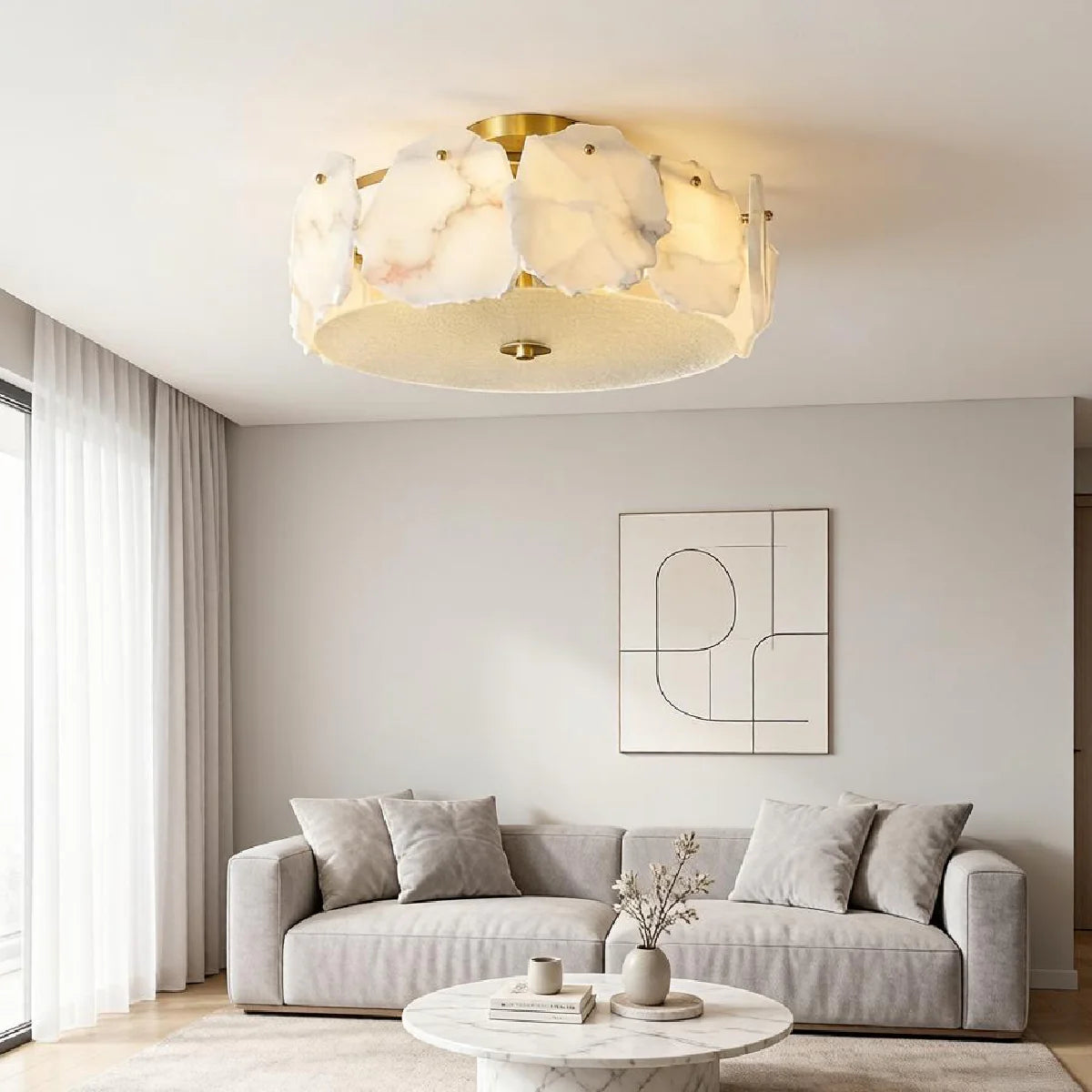 Brass Ceiling Light View 3 | Marble & Brass Drum Ceiling Light | Natural Stone Semi-Flush Mount | Eye-Comfort | JINSHE | JINSHE