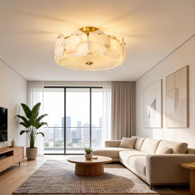 Brass Ceiling Light View 4 | Marble & Brass Drum Ceiling Light | Natural Stone Semi-Flush Mount | Eye-Comfort | JINSHE | JINSHE