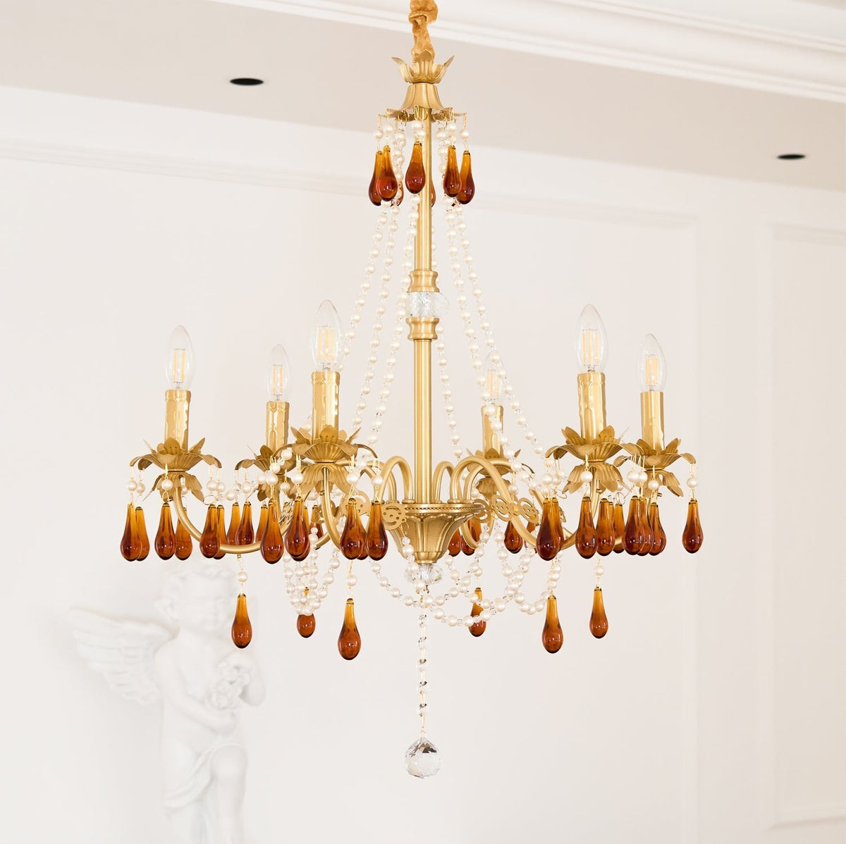 Petala Amber Art Glass Chandelier – illuminated warm ambiance setting