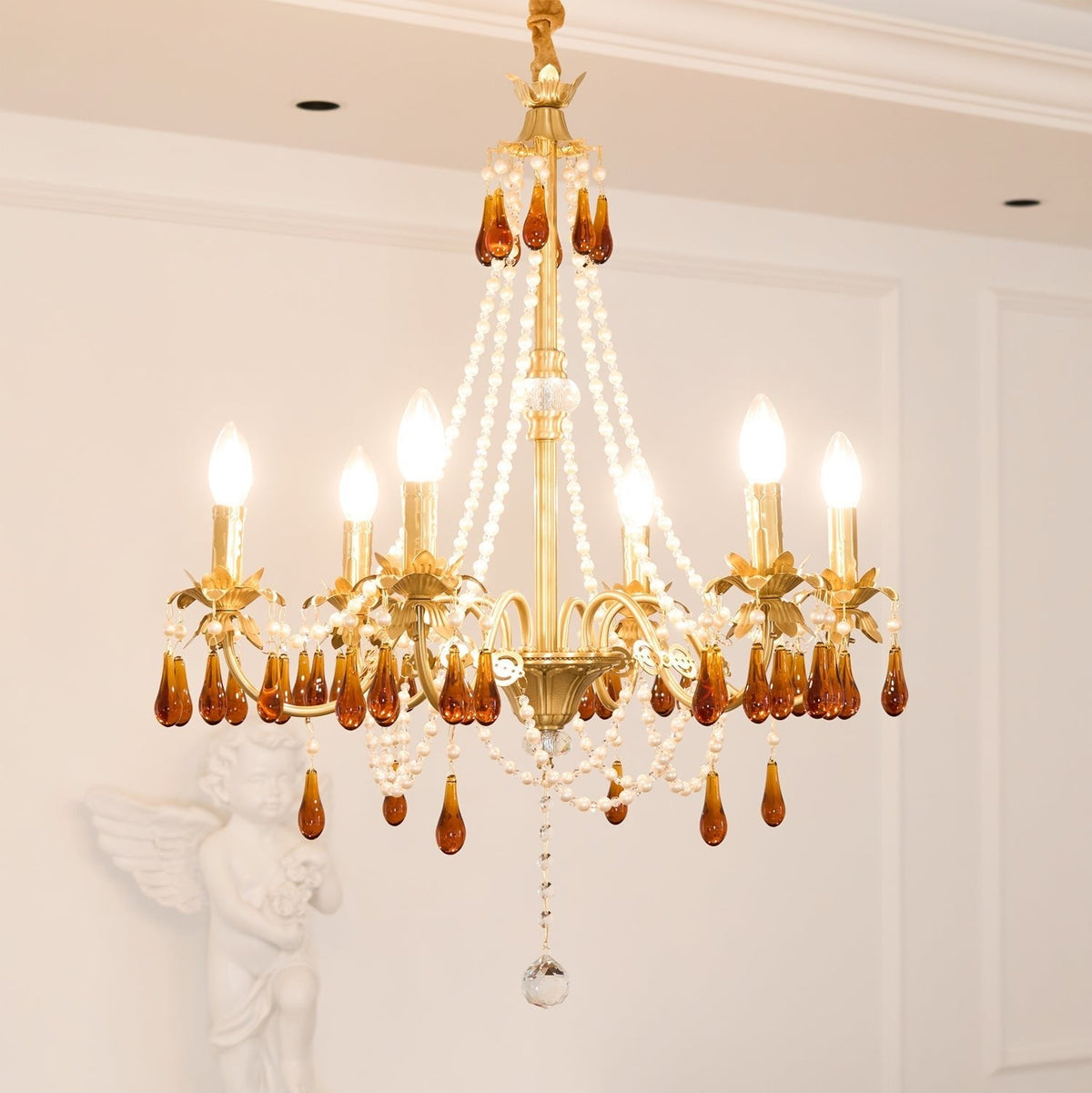 Petala Amber Art Glass Chandelier warm illuminated room view
