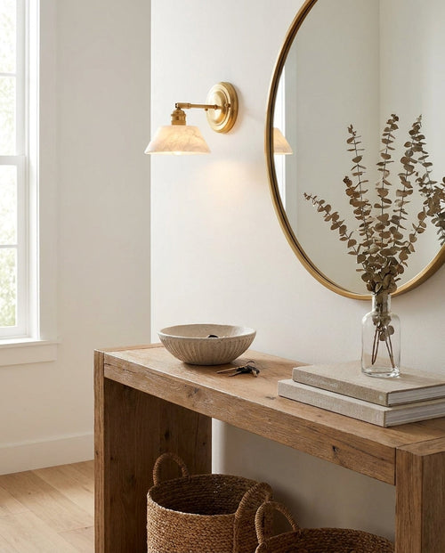 Aurelle Alabaster Curated Alabaster Wall Sconce installed in residential dining space