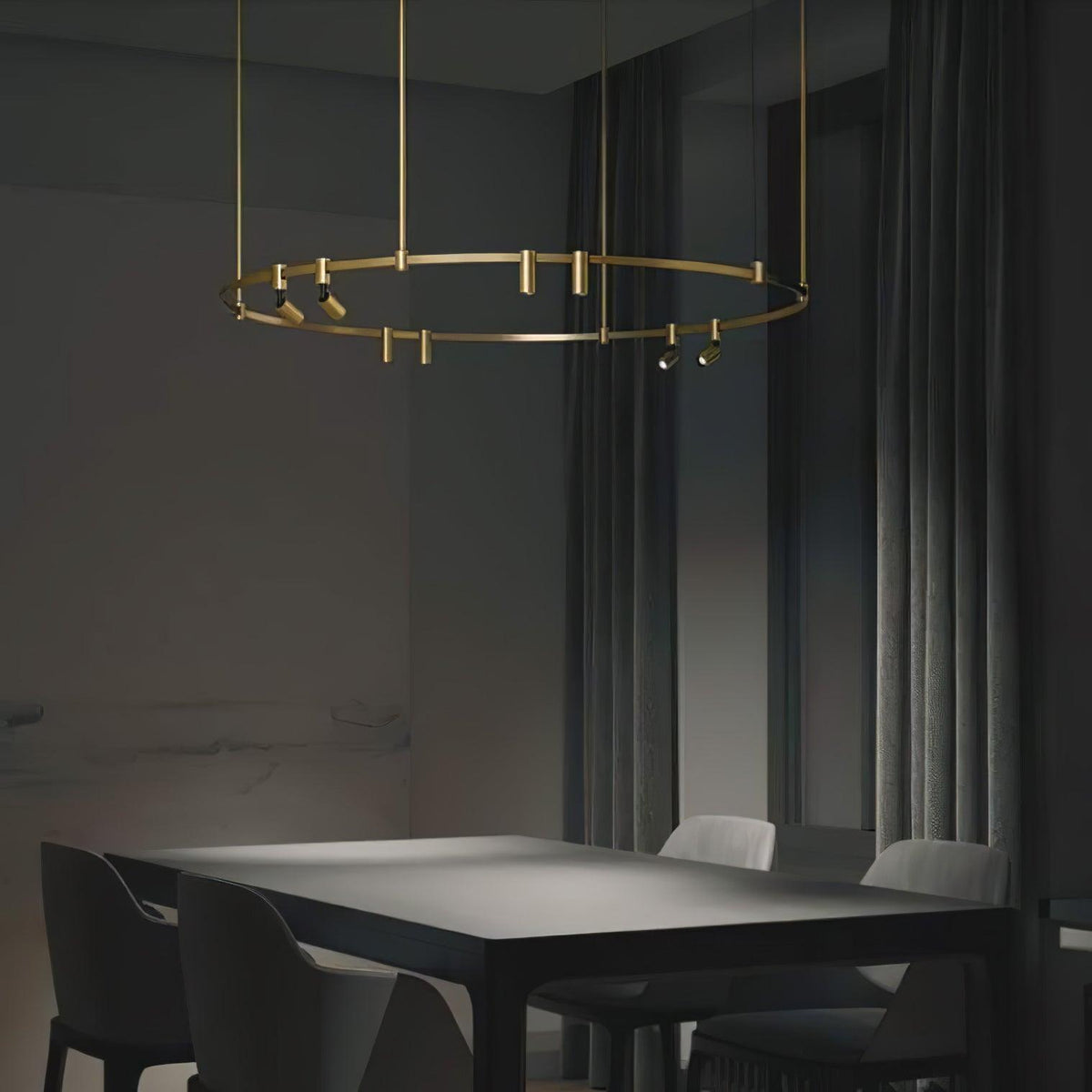 Auroom Round Curated Solid Brass Chandelier warm illuminated room view