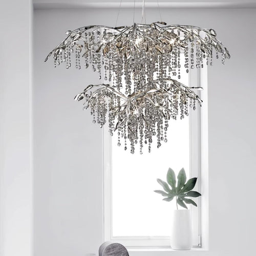 Autumn Twilight Curated Amber Art Glass Chandeli installed in residential dining space