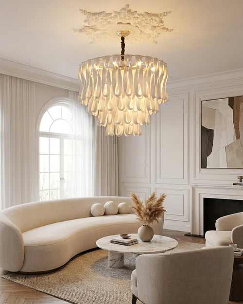 Avelisse Curated Mouth-Blown Frosted Glass Chand installed in residential dining space