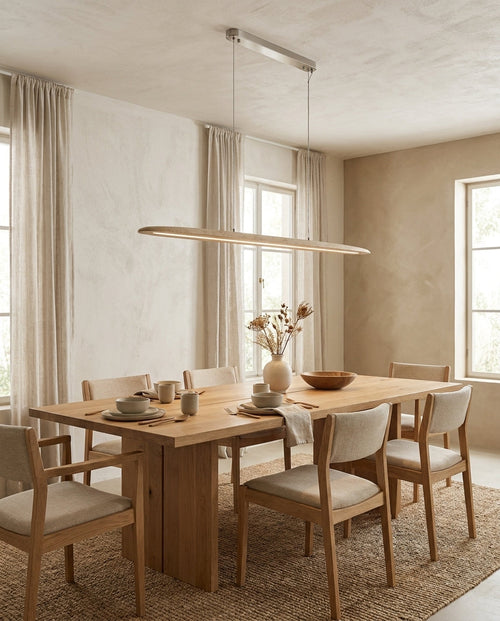 Avenric Linear Curated Yellow Travertine Chandel installed in residential dining space