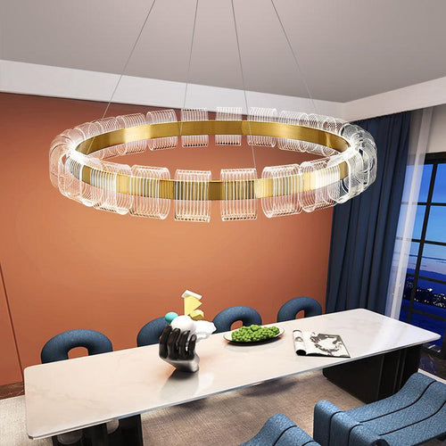 Bangle Curated Optical Acrylic Chandelier installed in residential dining space