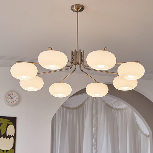 Barndon Curated Mouth-Blown Frosted Glass Chande installed in residential dining space