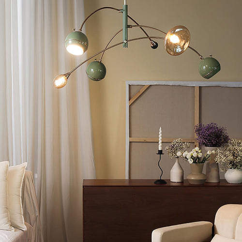 Beanie Curated Mouth-Blown Frosted Glass Chandel installed in residential dining space