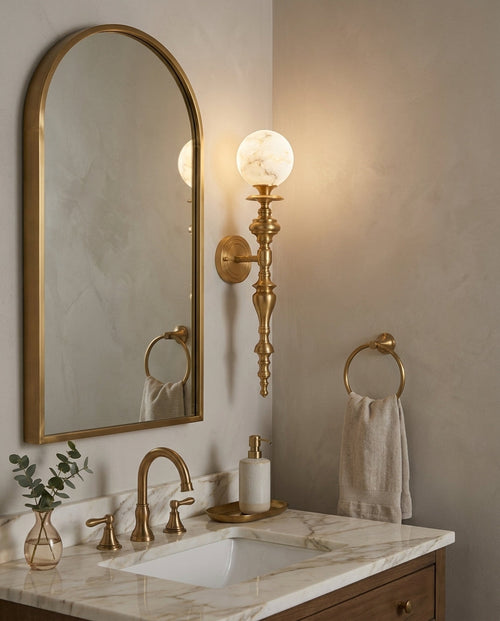 Beatty Alabaster Curated Alabaster Wall Sconce installed in residential dining space