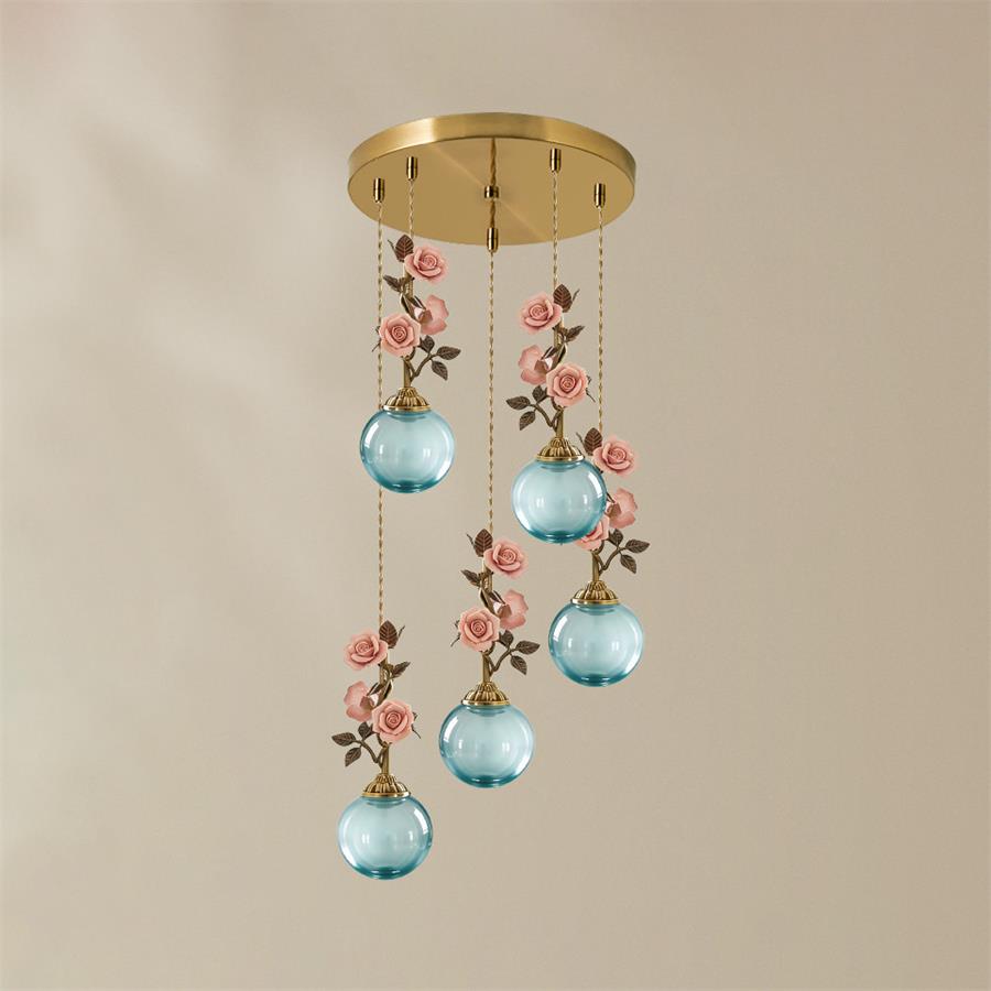 Bellarose Curated Mouth-Blown Frosted Glass Chan – 5 Heads Dia 30cm x H 150cm  ∅ 11.8 x H 5 finish configuration