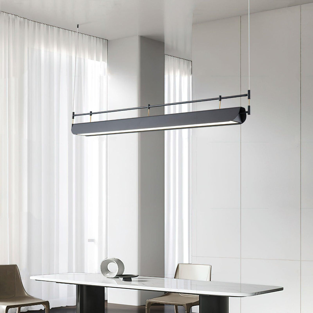 Black Roof LED Curated Iron & Glass Chandelier installed in residential dining space