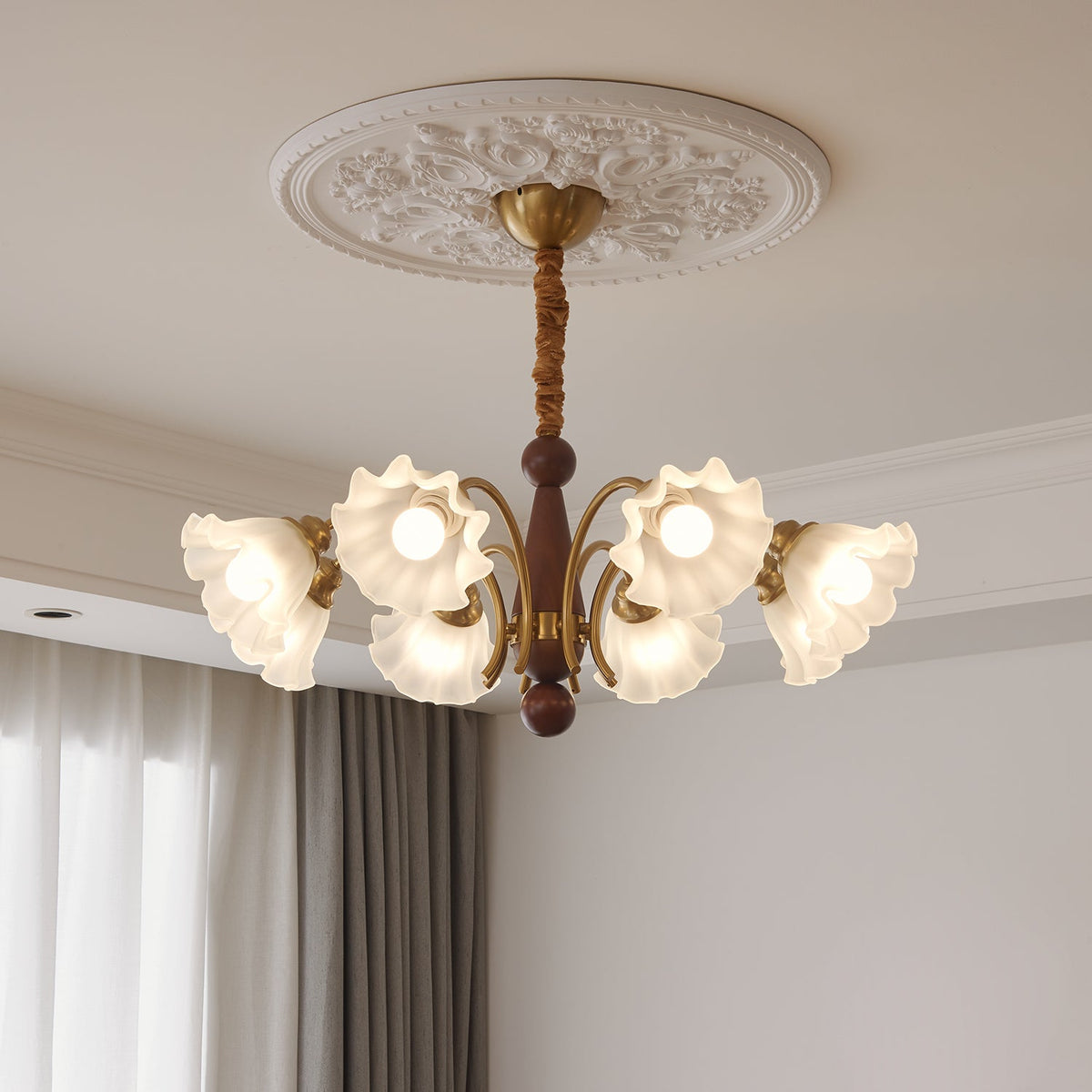 Bloomcrest Curated Mouth-Blown Frosted Glass Cha installed in residential dining space